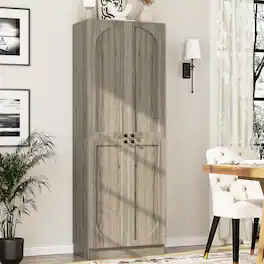 Aheaplus - 80" Tall Arched Storage Cabinet: 4-Door 6-Tier Wooden Pantry w/Adjustable Shelves, Wall-Fit for Home/Office/Kitchen - White Oak
