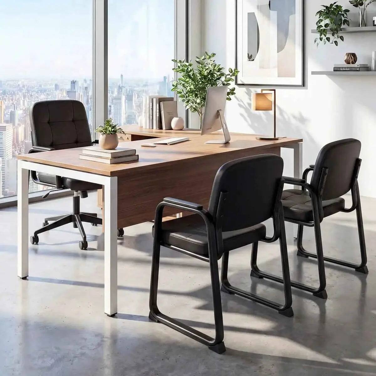 Back. Costway - Leather Guest Chairs with Sled Base (Set of 2) - 2 Pcs Black.