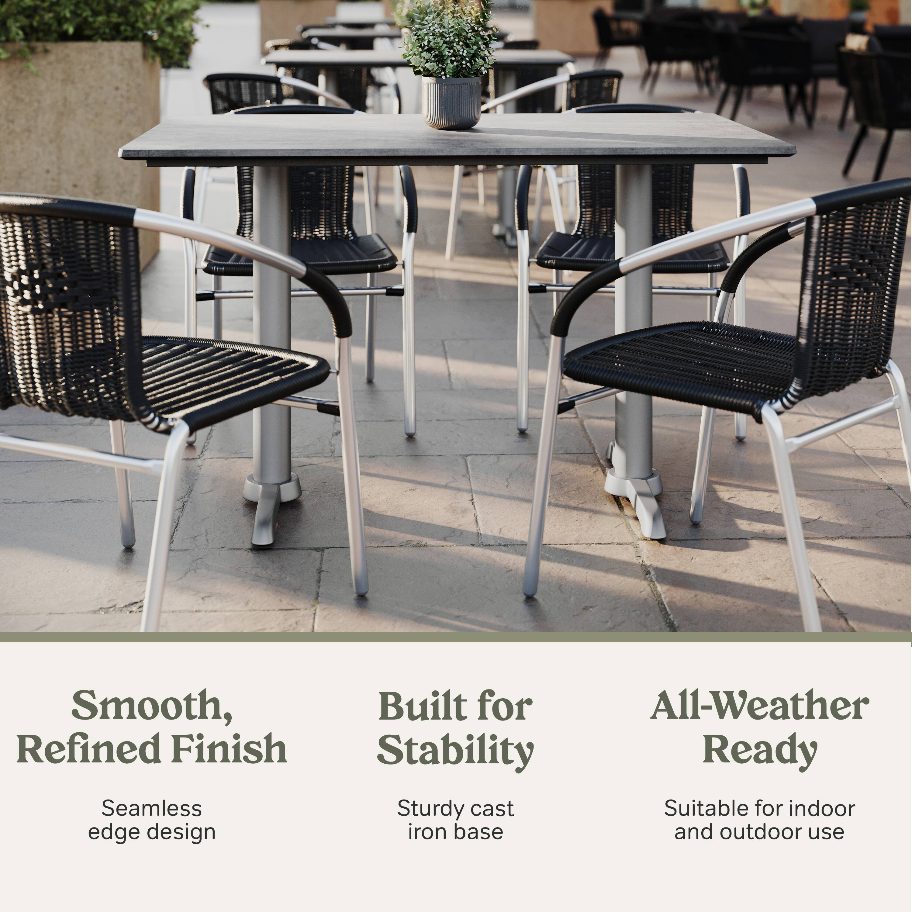 Smooth, Refined Finish  
Seamless edge design  

Built for Stability  
Sturdy cast iron base  

All-Weather Ready  
Suitable for indoor and outdoor use
