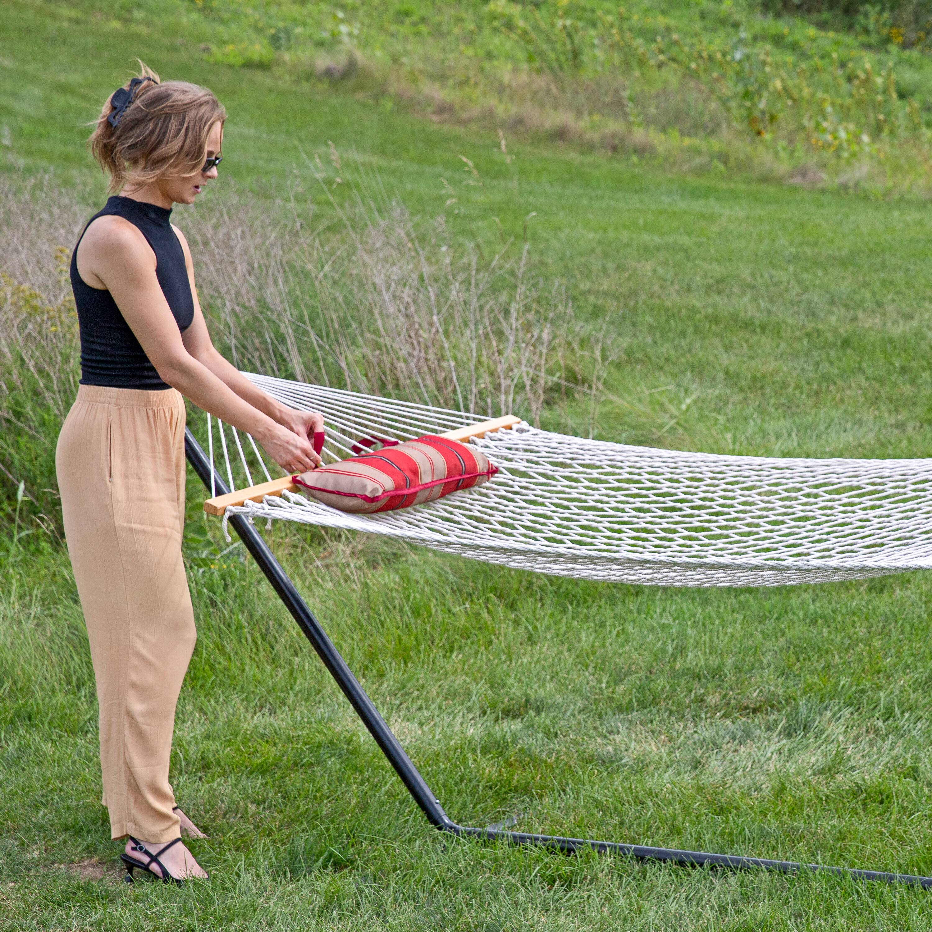 Alt View 8. Sunnydaze - Cotton Rope Hammock with Steel Stand and Pad/Pillow - Awning Stripe.
