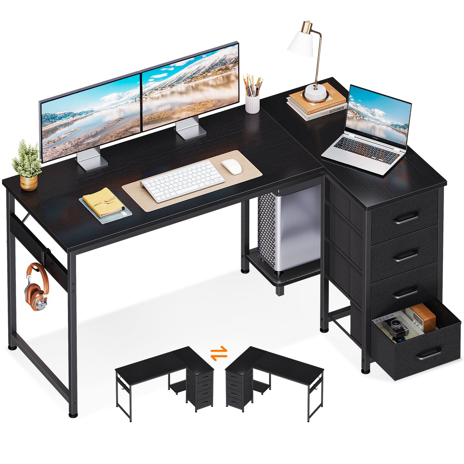 Alt View 1. AODK - Reversible L Shaped Desk with 4 Fabric Drawers, Corner Computer Table with CPU Stand & Hook for Home Office - Black.