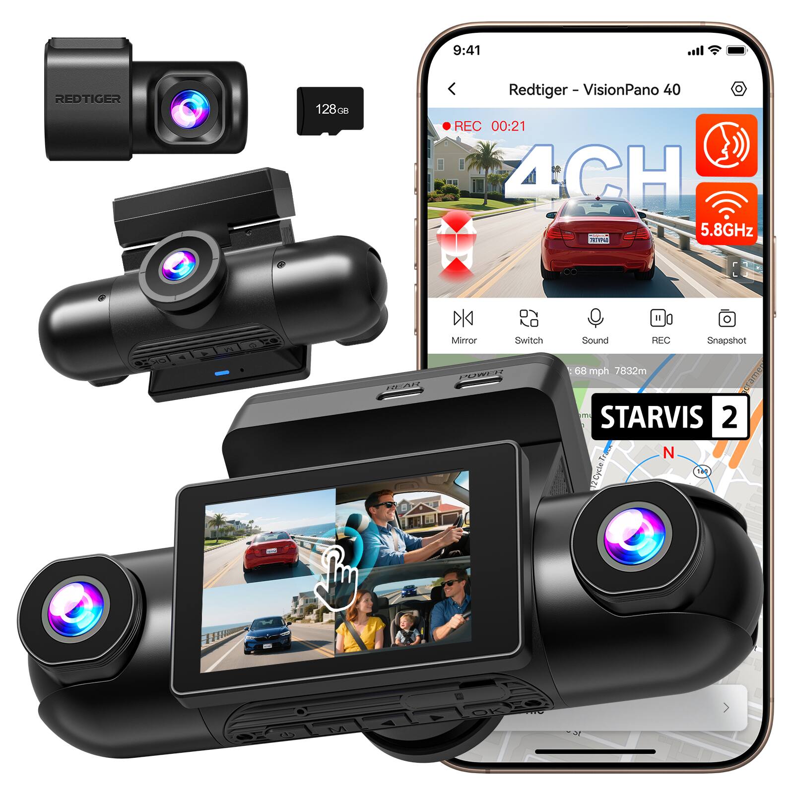 REDTIGER - RTVP40TL- 4 Channel 360° View Dash Cam - Black