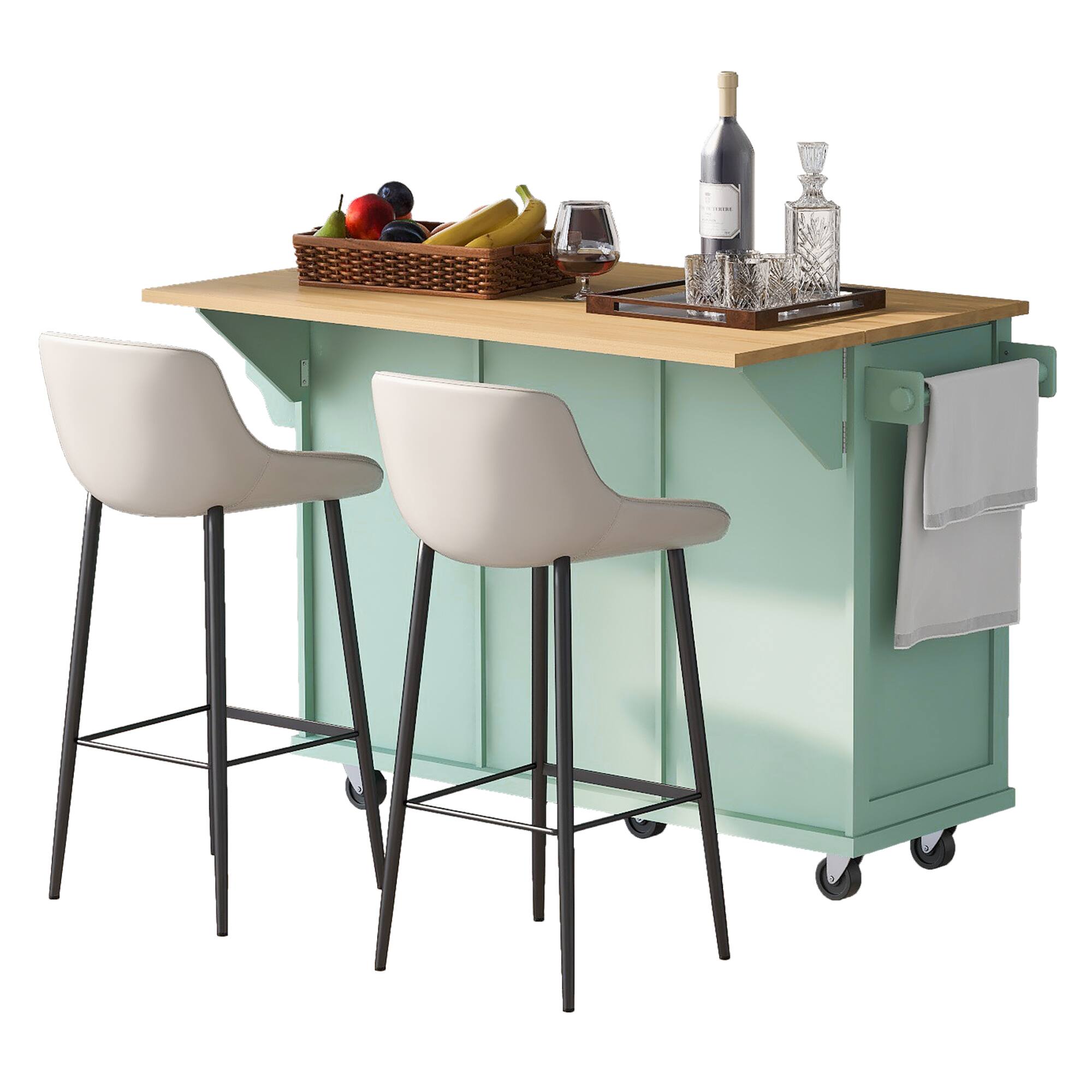 Alt View 7. Forest'nSky - Kitchen Cart with Rubber Wood Drop-Leaf Countertop – 5 Wheels,3 Drawers & Internal Door Racks,Mint Green - Mint Green.