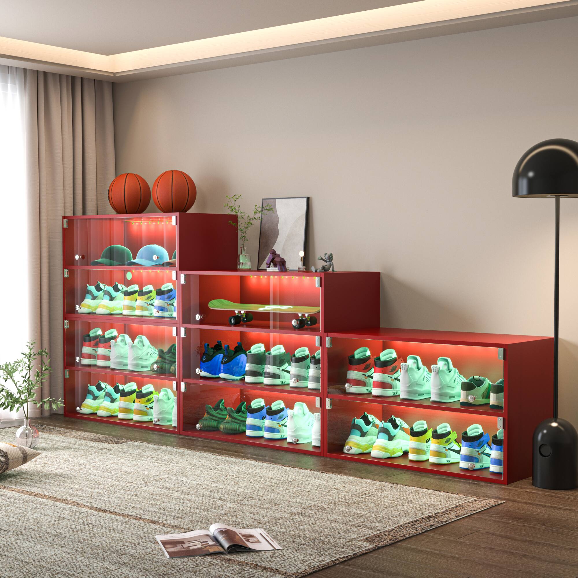 Left. GOODSILO - Modern Glass Door Shoe Storage Cabinet with LED Lighting for Sneaker Display and Protection - Red.