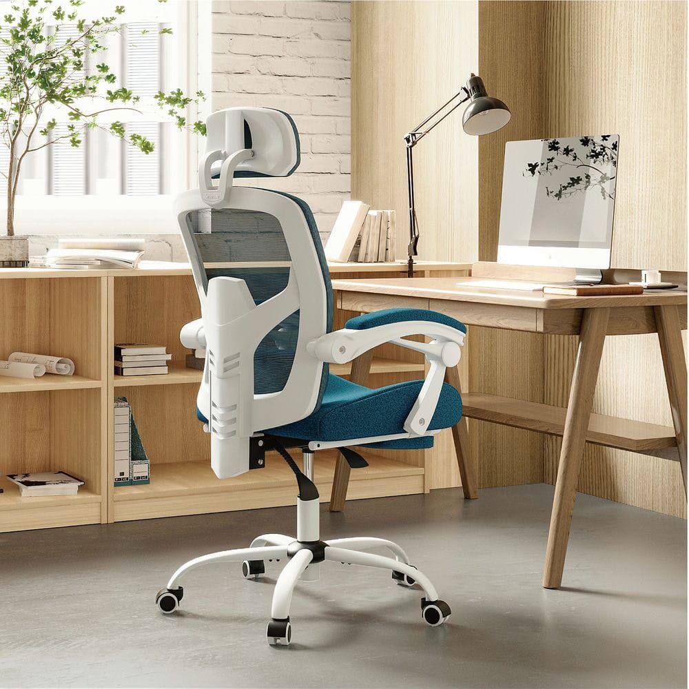 Angle. Kadyn - 51.7" Ergonomic Swivel Office Chair with Retractable Footrest, Lumbar Support Pillow & Padded Armrests, Blue - Blue.