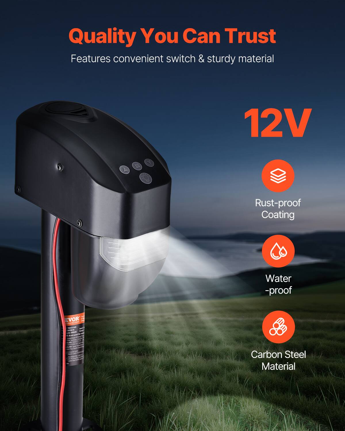 Quality You Can Trust  
Features convenient switch & sturdy material  

12V  

Rust-proof Coating  
Water-proof  
Carbon Steel Material