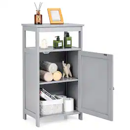 Costway - Bathroom Cabinet Wooden Floor Multifunction Storage Rack Organizer Stand - Gray