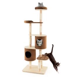 Kadyn - Cat Tower, Cat Tree for Indoor Cats, 6-Tier Wooden Cat Tree with 2 Removeable Condos Platforms and Perch - Brown