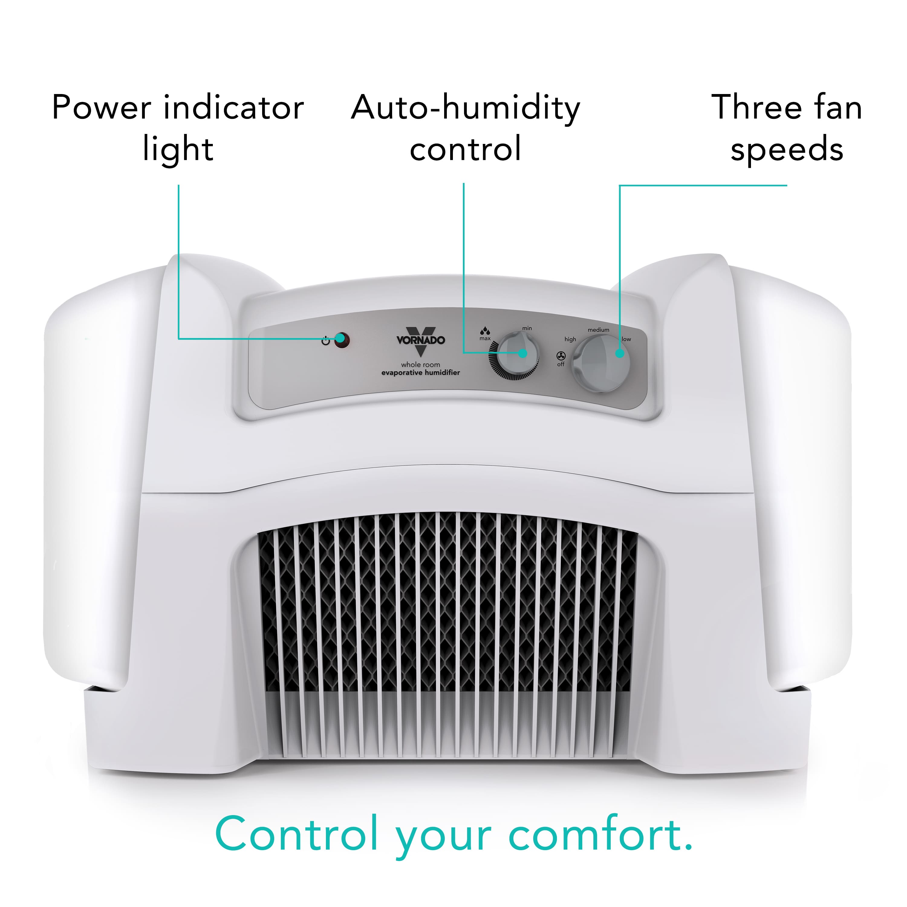 Power indicator, Auto-humidity light control, Three fan speeds, Vornado: I - whole room humidifier - Control your comfort.