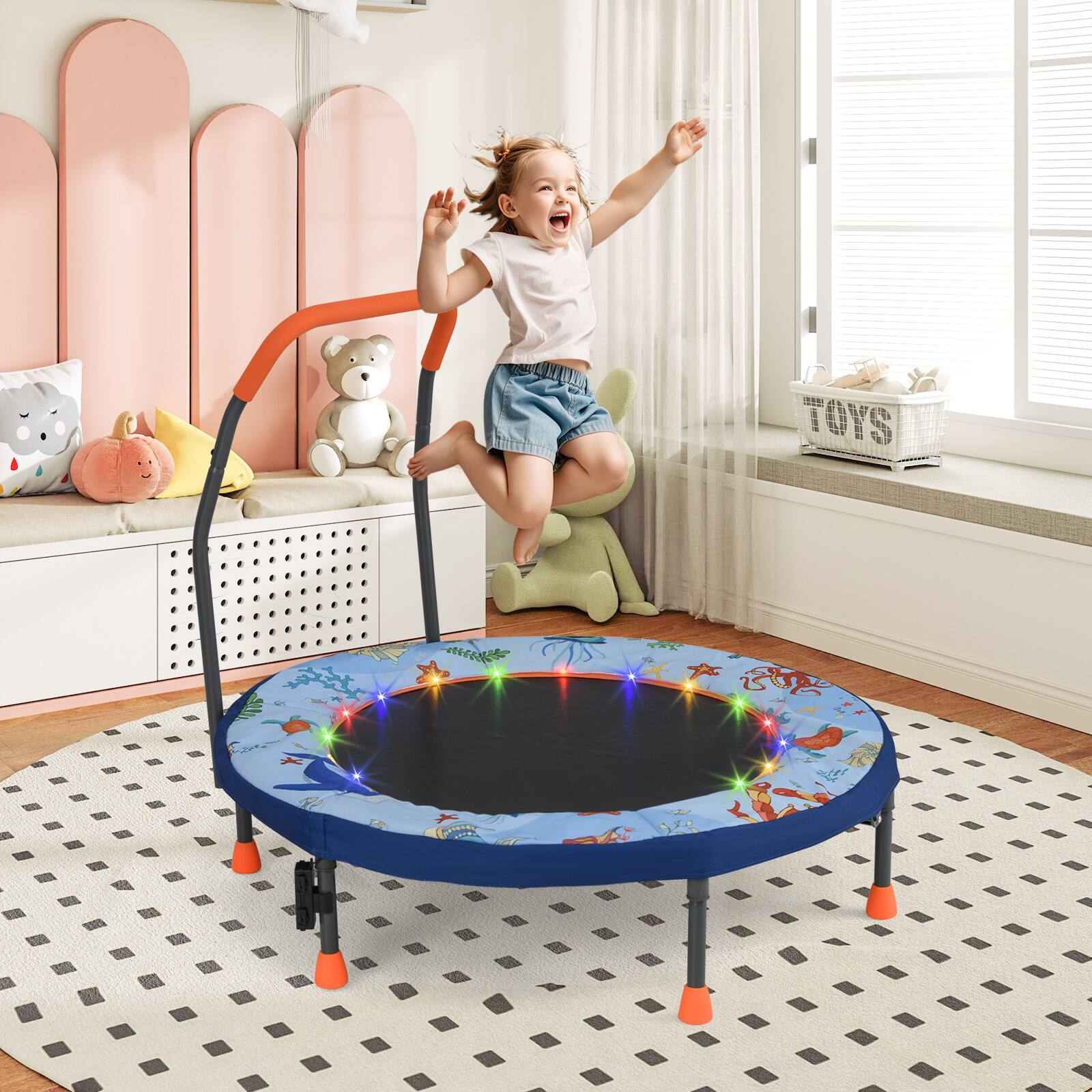 Alt View 1. Gymax - Gymax 36'' Foldable Kid Trampoline w/ 20 LED Lights Foam Handlebar Padded Safety Cover Blue - Blue.
