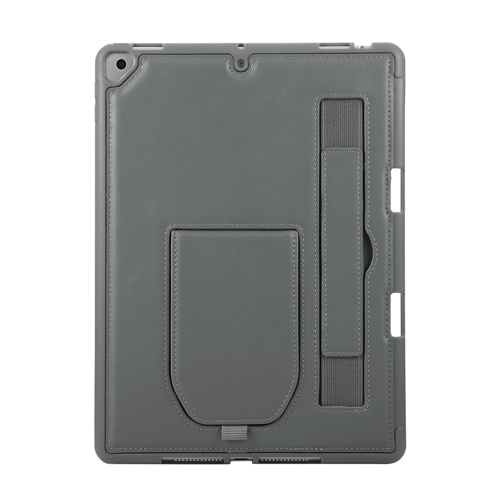 Angle. UUCOVER - Case for iPad 9th 8th 7th Gen 10.2-inch (2021/2020/2019) Shockproof PU Leather Hand Strap Kickstand Pencil Holder Cover - Gray.