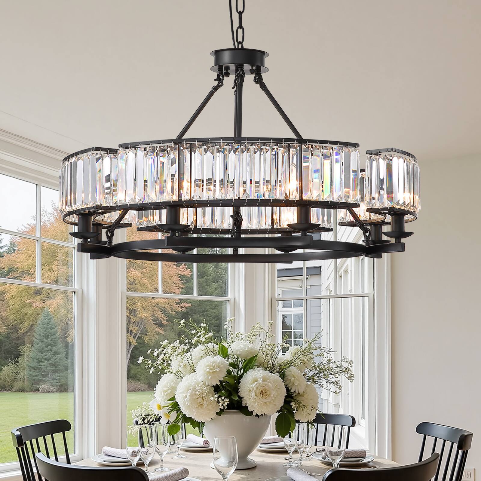 Angle. Siljoy - 31.5" 8-Light Black Farmhouse Round Crystal Chandelier, Adjustable Chain Pendant Light for Dining Room Kitchen Island - Black.