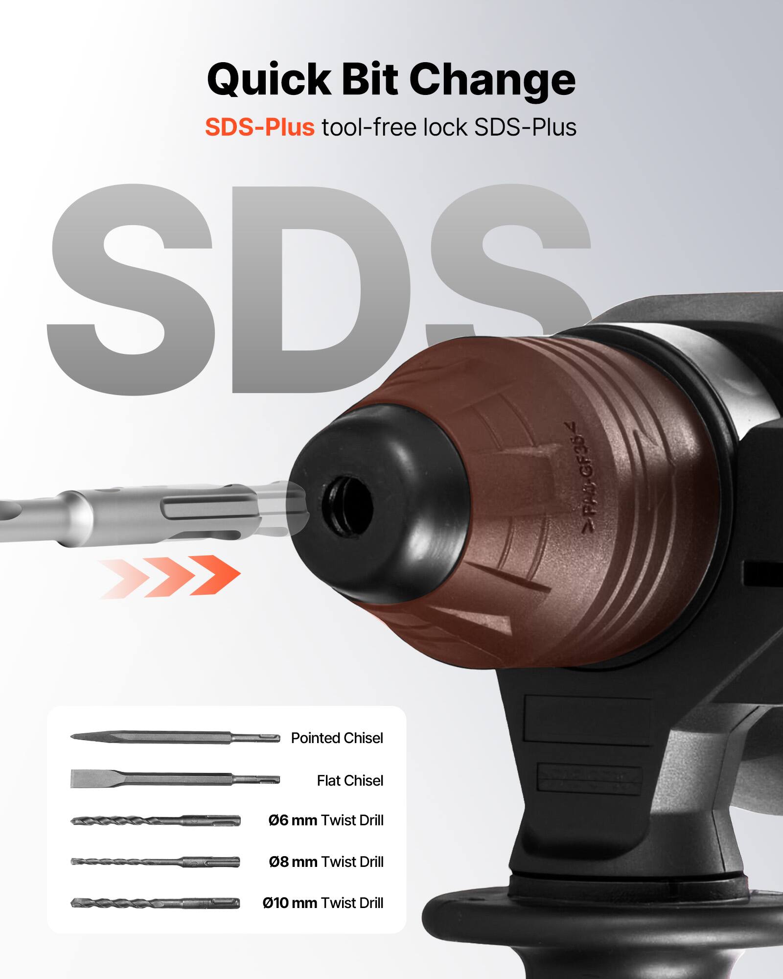 Quick Bit Change SDS-Plus tool-free lock SDS-Plus

- Pointed Chisel
- Flat Chisel
- 06 mm Twist Drill
- 08 mm Twist Drill
- 010 mm Twist Drill