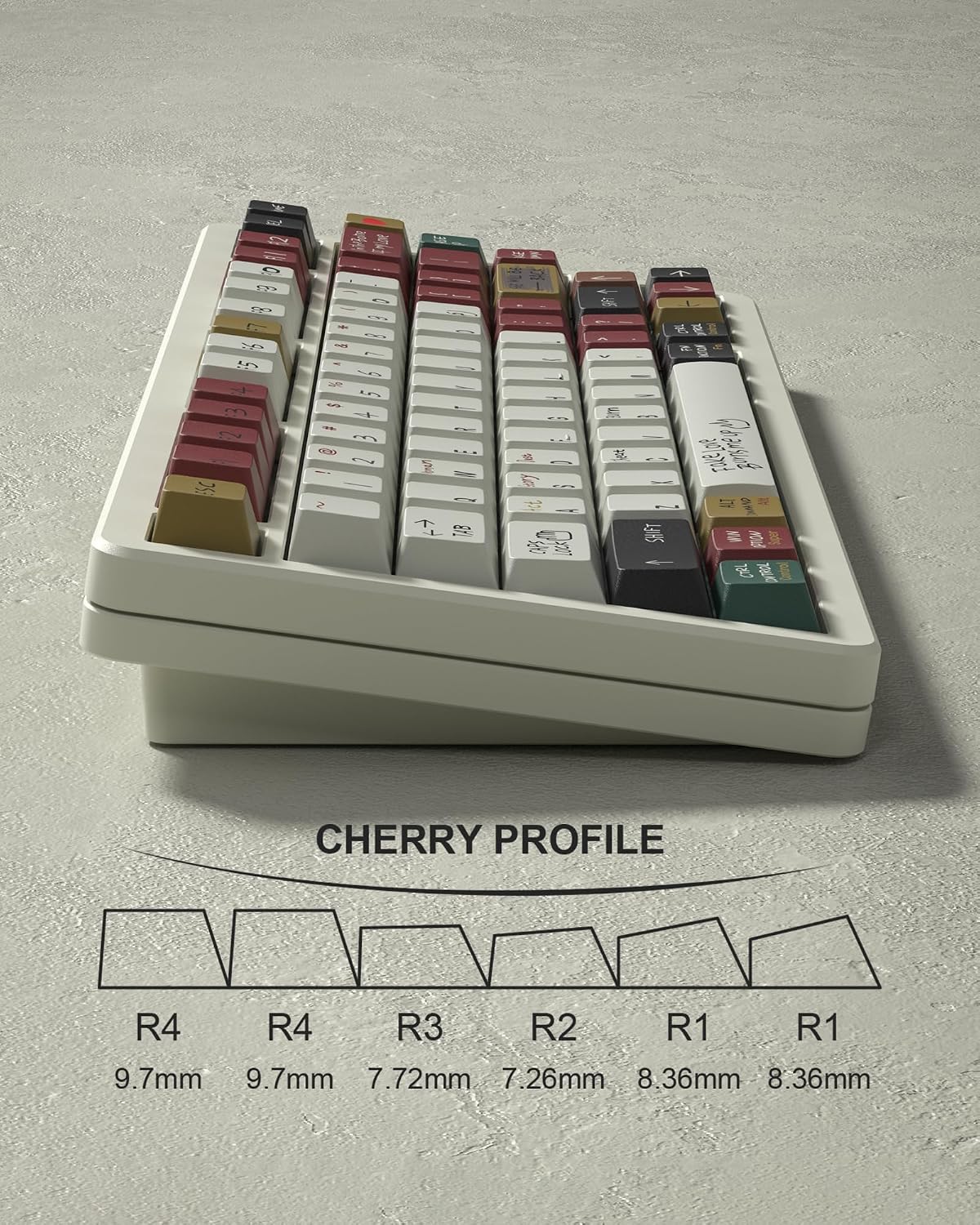 AGG 12  
O 6 8 7 6 5 3 2 ESC  
0 8 18w 8 ous 6 96 5 $ - 2 - 2  

- f TAB  
CAPS  
LOOK  
( SHIFT  
K2 CON Total Treausium ALT WN NOULD CTRL TOYUMO  
CHERRY PROFILE  
R4 R4 R3 R2 R1 R1  
9.7mm 9.7mm 7.72mm 7.26mm 8.36mm 8.36mm