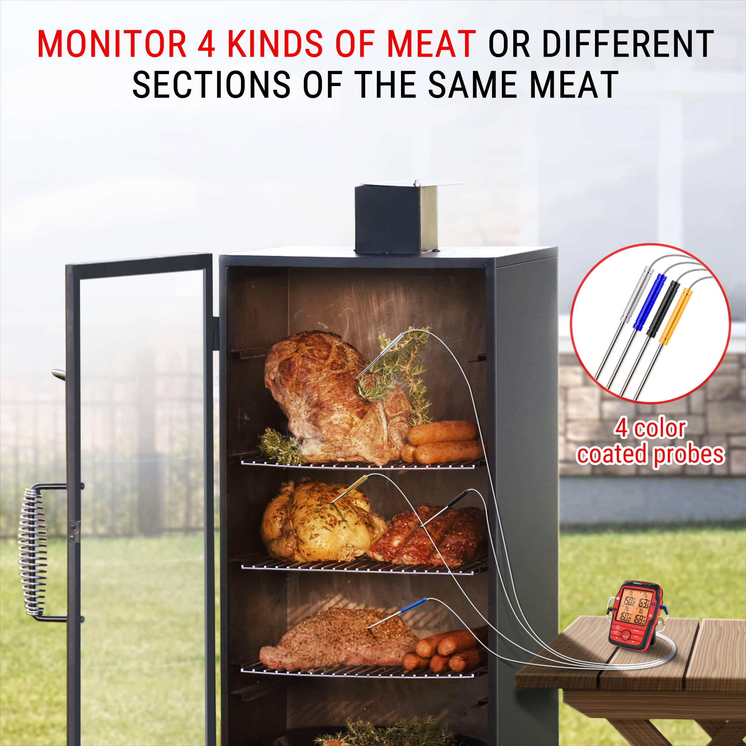 MONITOR 4 KINDS OF MEAT OR DIFFERENT SECTIONS OF THE SAME MEAT 4 color coated probes.
