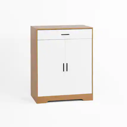 Front. HTUTWOO - 4-Tier Shoe Rack - Freestanding Wooden Shoe Storage Cabinet with 1 Drawer & Adjustable Shelves for Entryway Hallway - Light Brown.