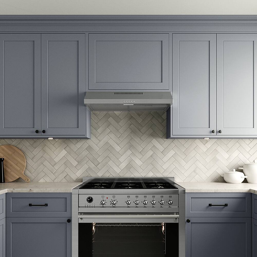 Left. Streamline - 30 in. Valmorea Ductless Undermount 80 CFM Range Hood, Mesh Filters, Push Button Control, LED Light - Brushed Stainless Steel.