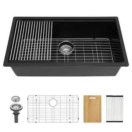 Front. Siljoy - Quartz Kitchen Sink - 33"x19"x9.65" Black granite composite Workstation undermount kitchen sink - Black.