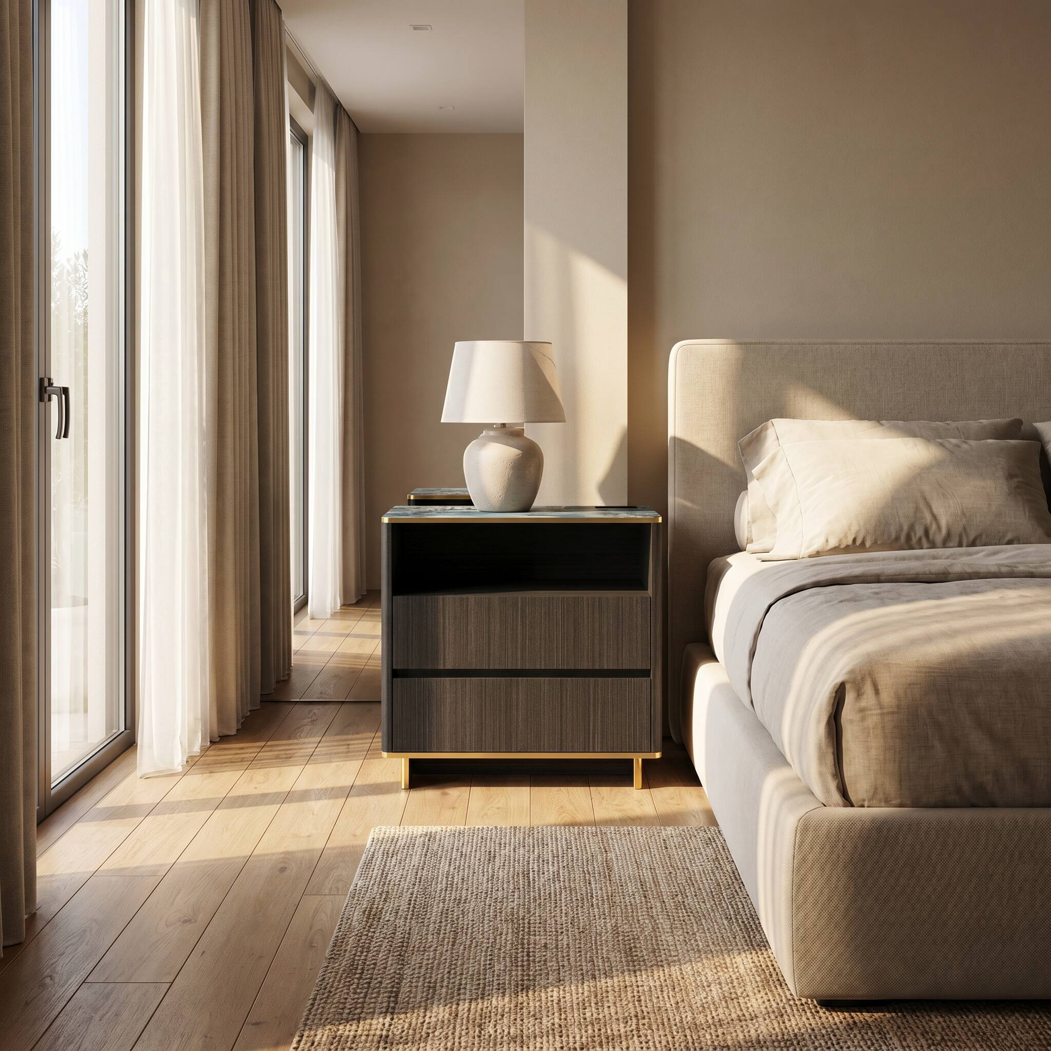 Alt View 1. Famapy - Modern Nightstand with LED Light & Charging Hub, Marble-Top Bedside Cabinet with Gold Legs & 2 Drawers Furniture - Black.