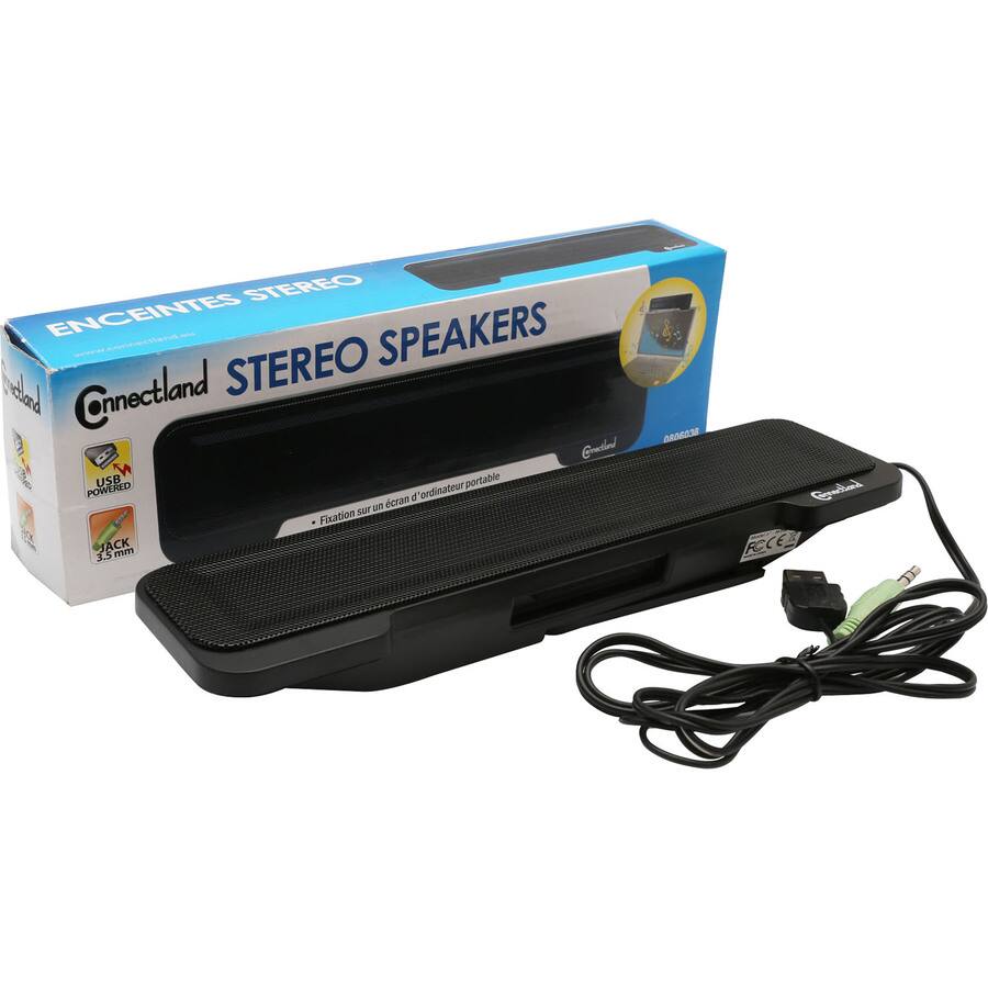 Connectland STEREO SPEAKERS  
ENCEINTES STEREO  
USB POWERED  
Fixation sur un écran d'ordinateur  
JACK 3.5 mm
