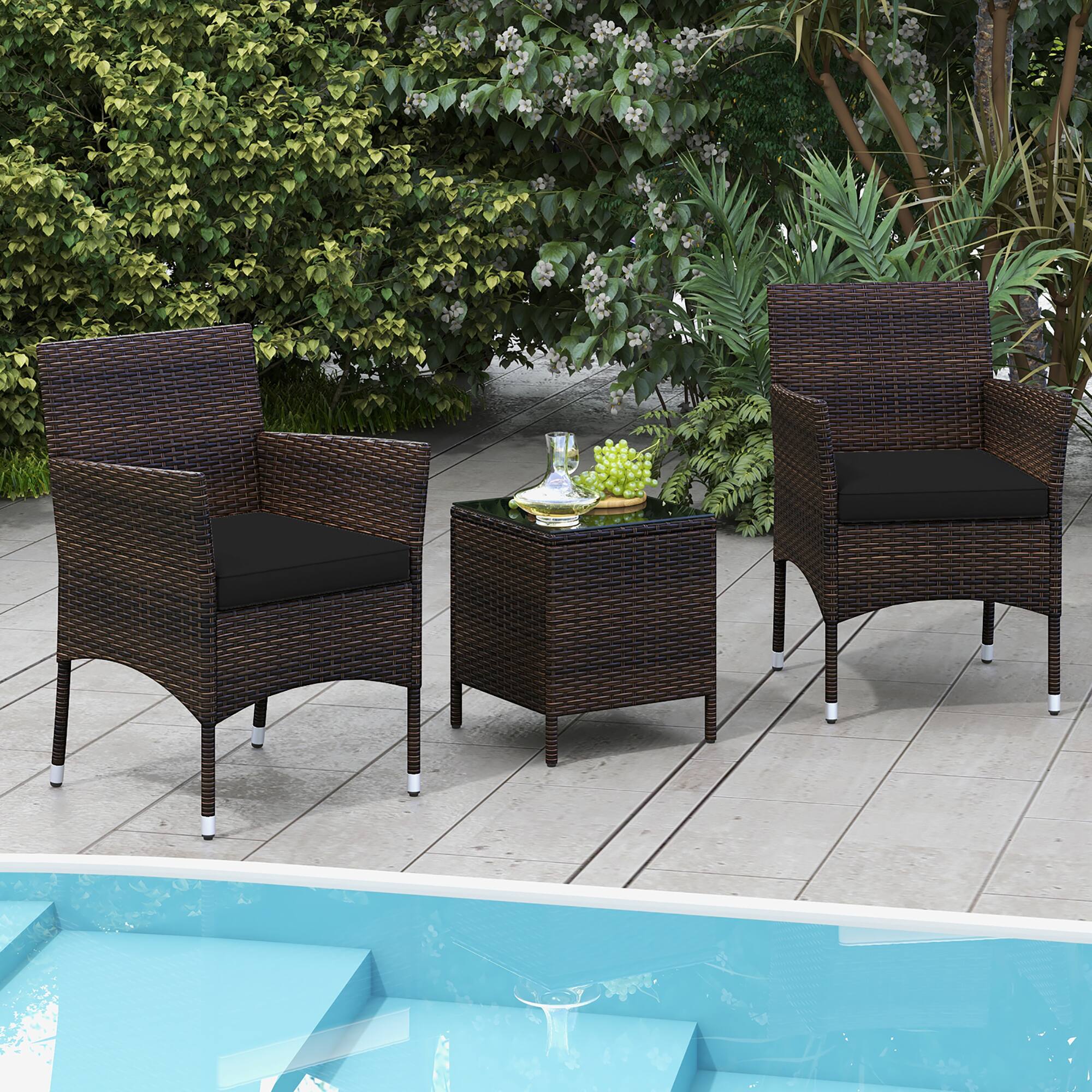 Alt View 8. Gymax - Gymax 3 PCS Outdoor Conversation Set w/ Cushioned Seat & Tempered Glass Tabletop Black - Black.
