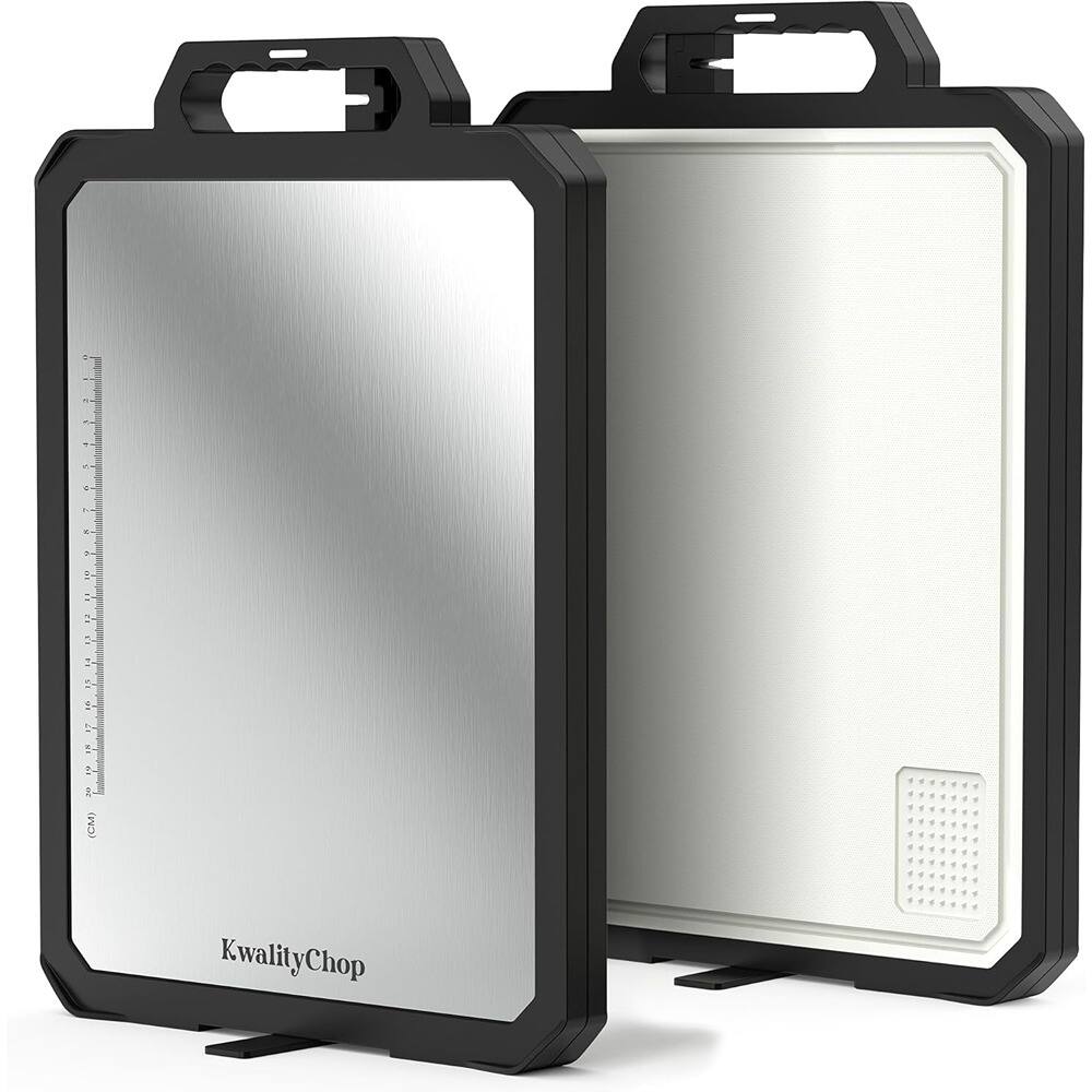 PARKER SLATER - Double-Sided Stainless Steel Cutting Board with Sharpener & Stand, 17"x12