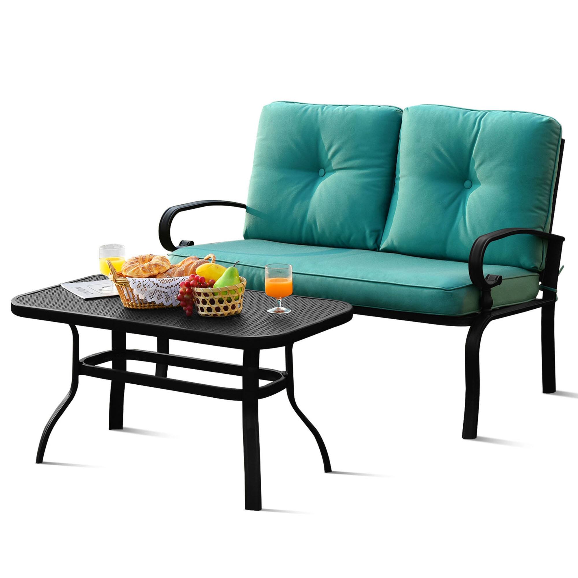 Alt View 1. Gymax - Gymax 2PCS Patio Loveseat & Table Set Conversation Sofa Set w/ Turquoise Cushions - Turquoise.