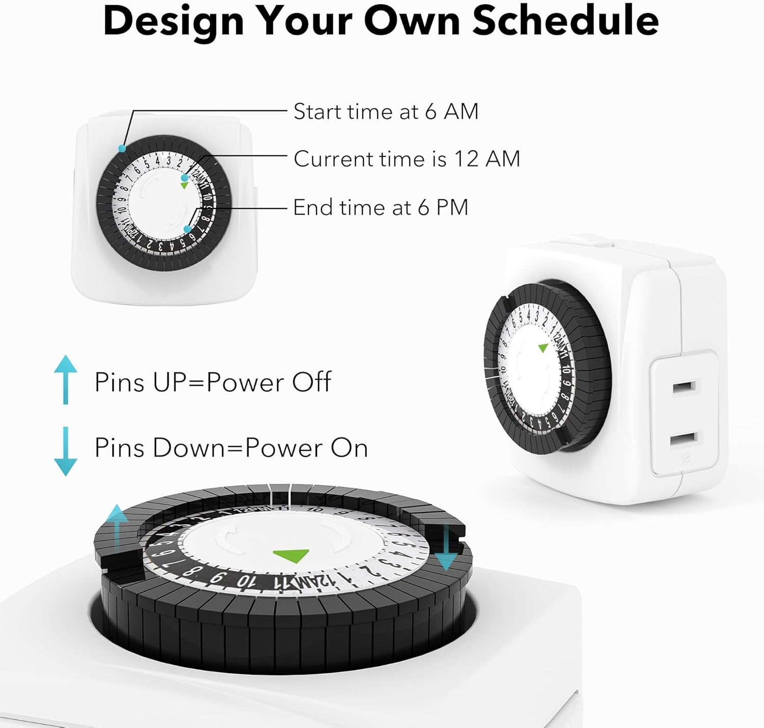 Design Your Own Schedule

Start time at 6 AM  
Current time is 12 AM  
End time at 6 PM

Pins UP=Power Off  
Pins Down=Power On