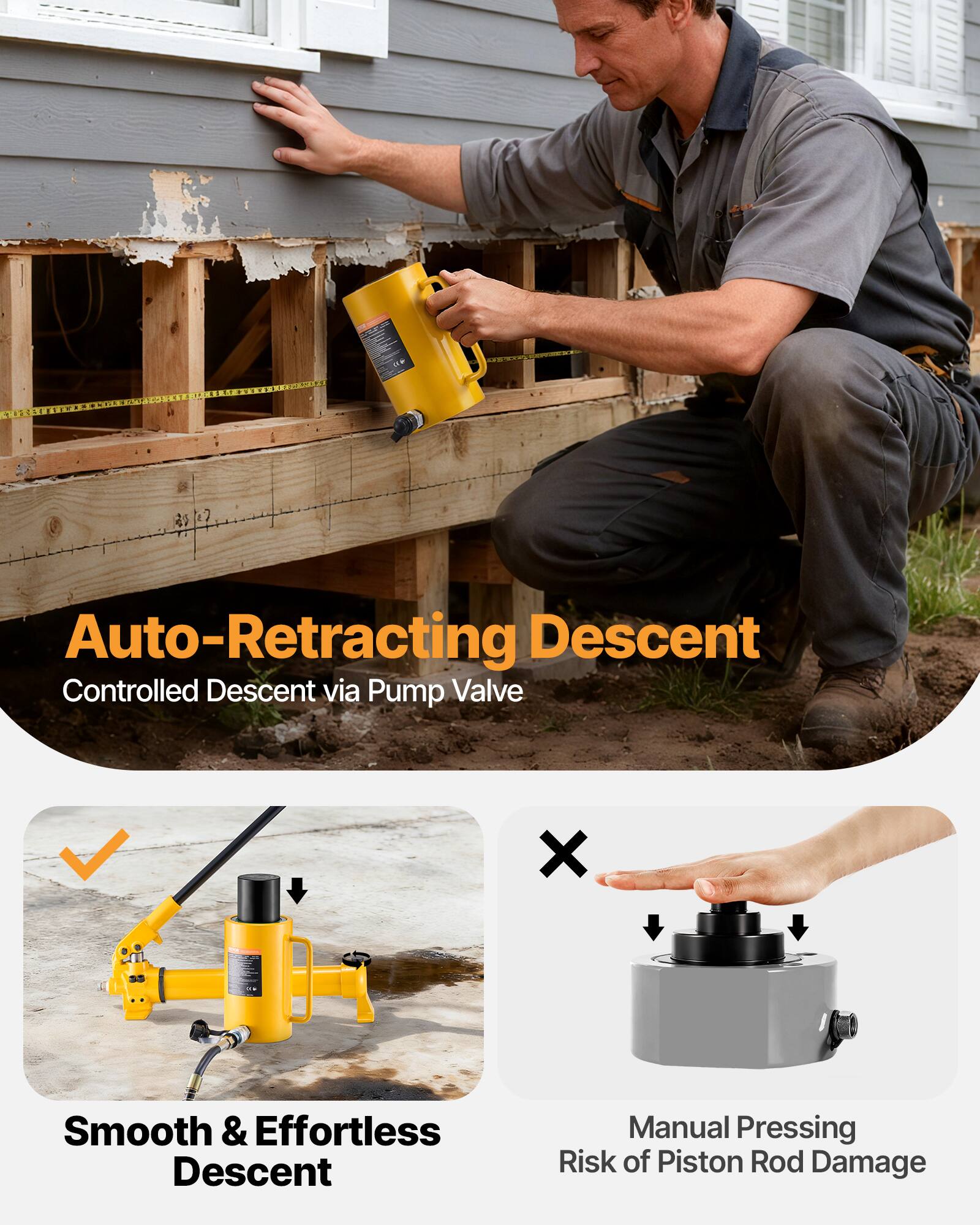 Auto-Retracting Descent  
Controlled Descent via Pump Valve  

Smooth & Effortless Descent  

Manual Pressing  
Risk of Piston Rod Damage