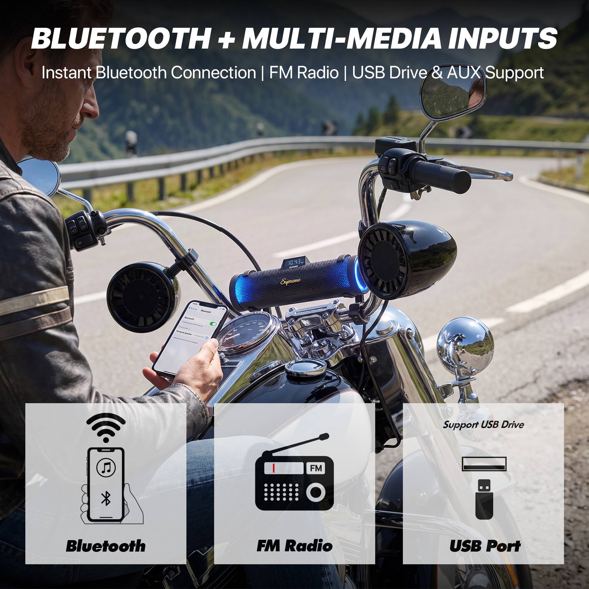 BLUETOOTH + MULTI-MEDIA INPUTS  
Instant Bluetooth Connection | FM Radio | USB Drive & AUX Support

Bluetooth  
FM Radio  
USB Port