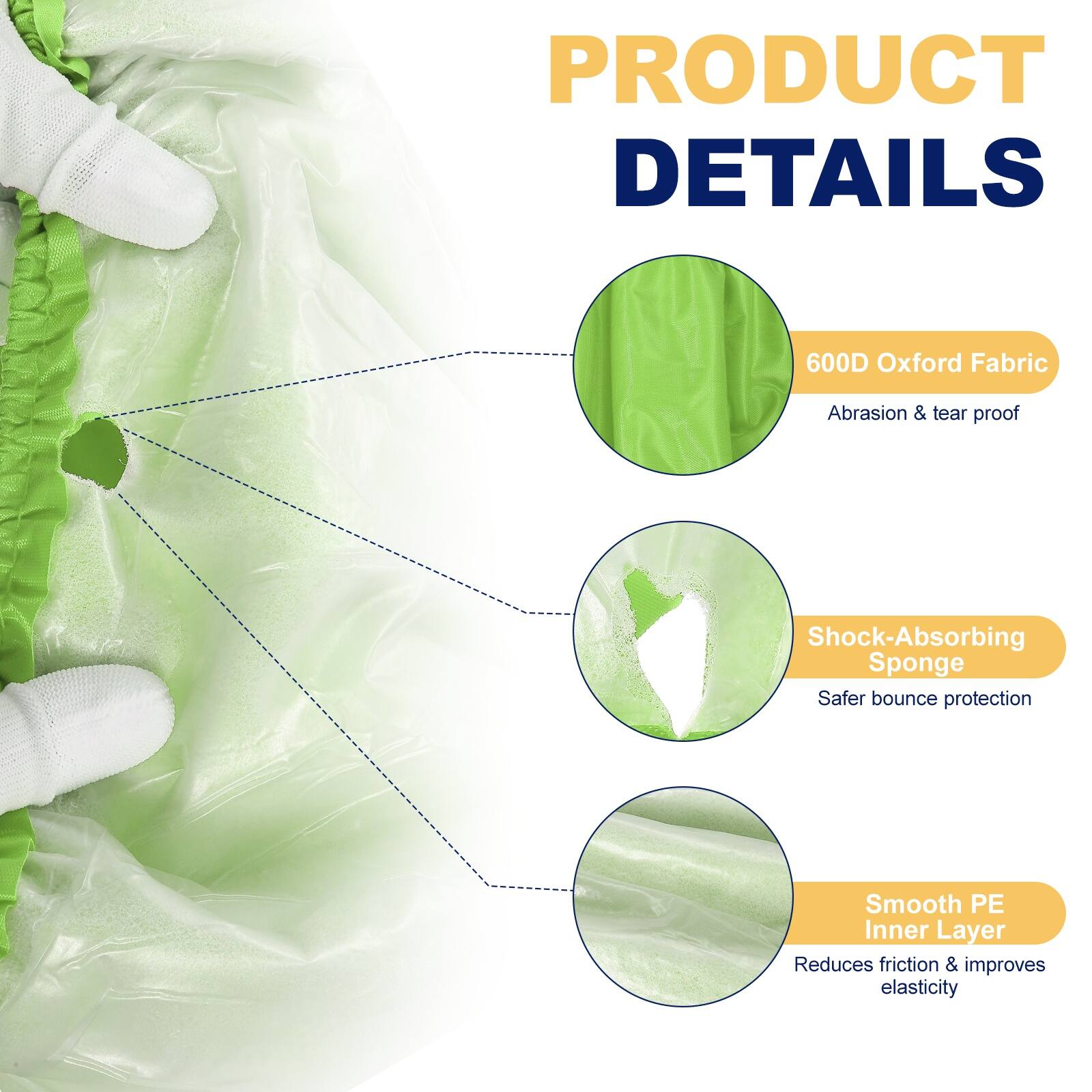 PRODUCT DETAILS

- 600D Oxford Fabric
  - Abrasion & tear proof

- Shock-Absorbing Sponge
  - Safer bounce protection

- Smooth PE Inner Layer
  - Reduces friction & improves elasticity