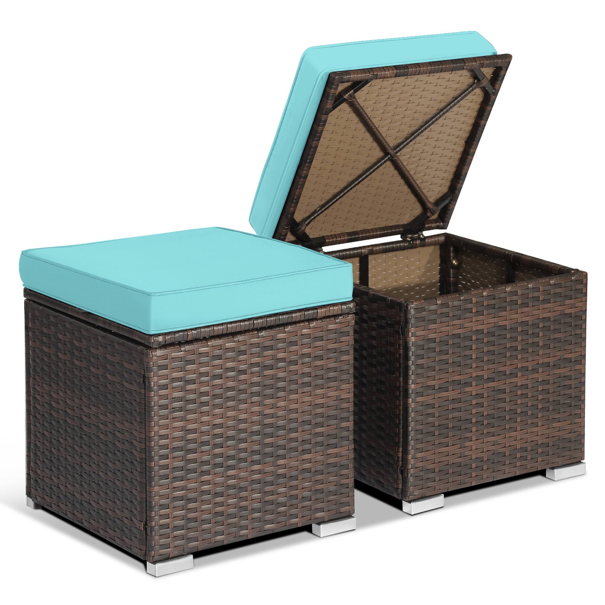 Alt View 8. Gymax - Gymax 2PCS Outdoor Patio Ottomans Hand-Woven PE Wicker Footstools w/ Removable Cushions Turquoise - Turquoise.