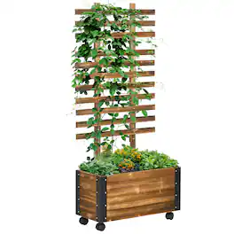 Outsunny - Raised Garden Bed with Trellis, 58" Outdoor Wooden Planter Box with Wheels, Bed Liner - Carbonised finish