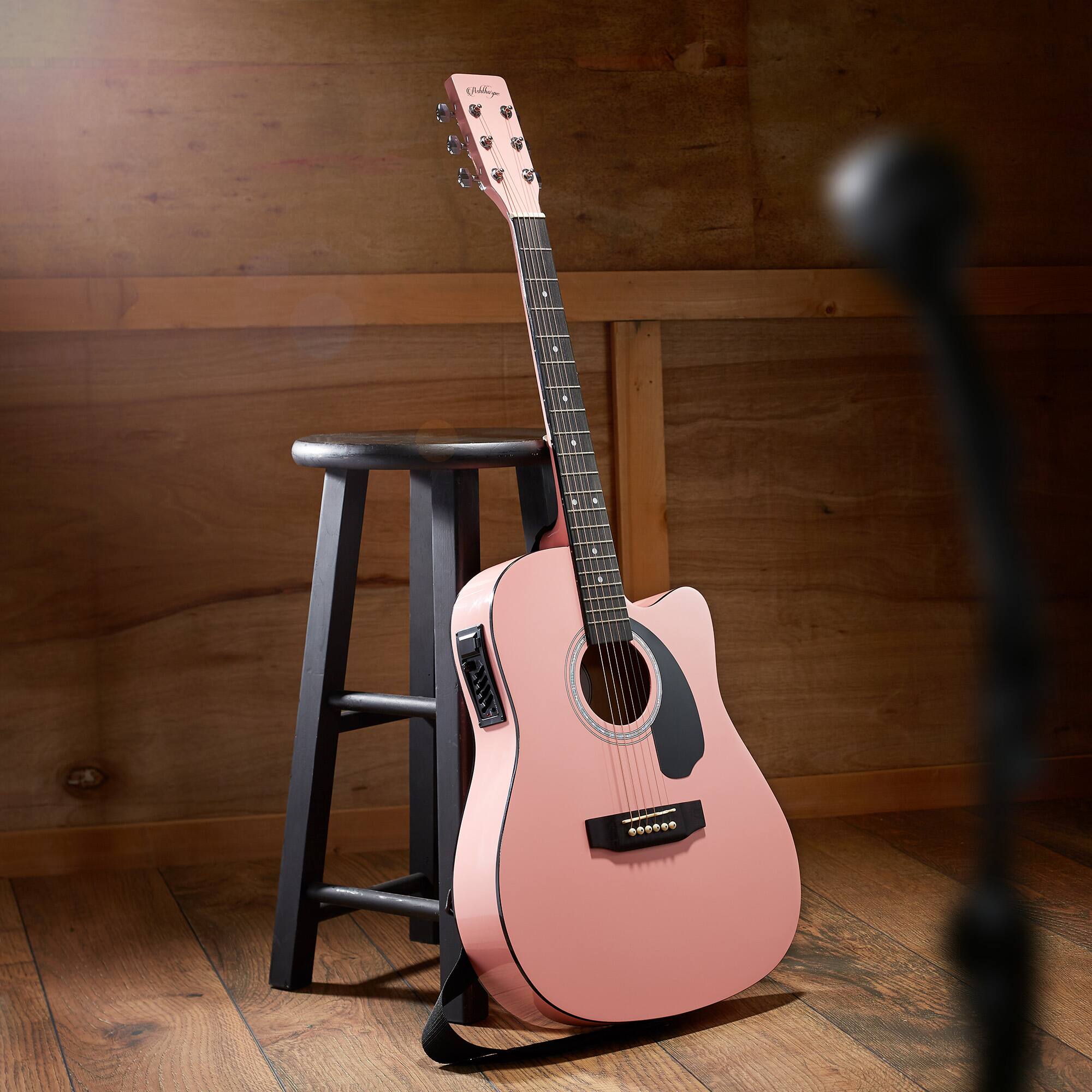 Alt View 1. Ashthorpe - Full-Size Cutaway Thinline Acoustic-Electric Guitar w/ Gig Bag and EQ - Pink.