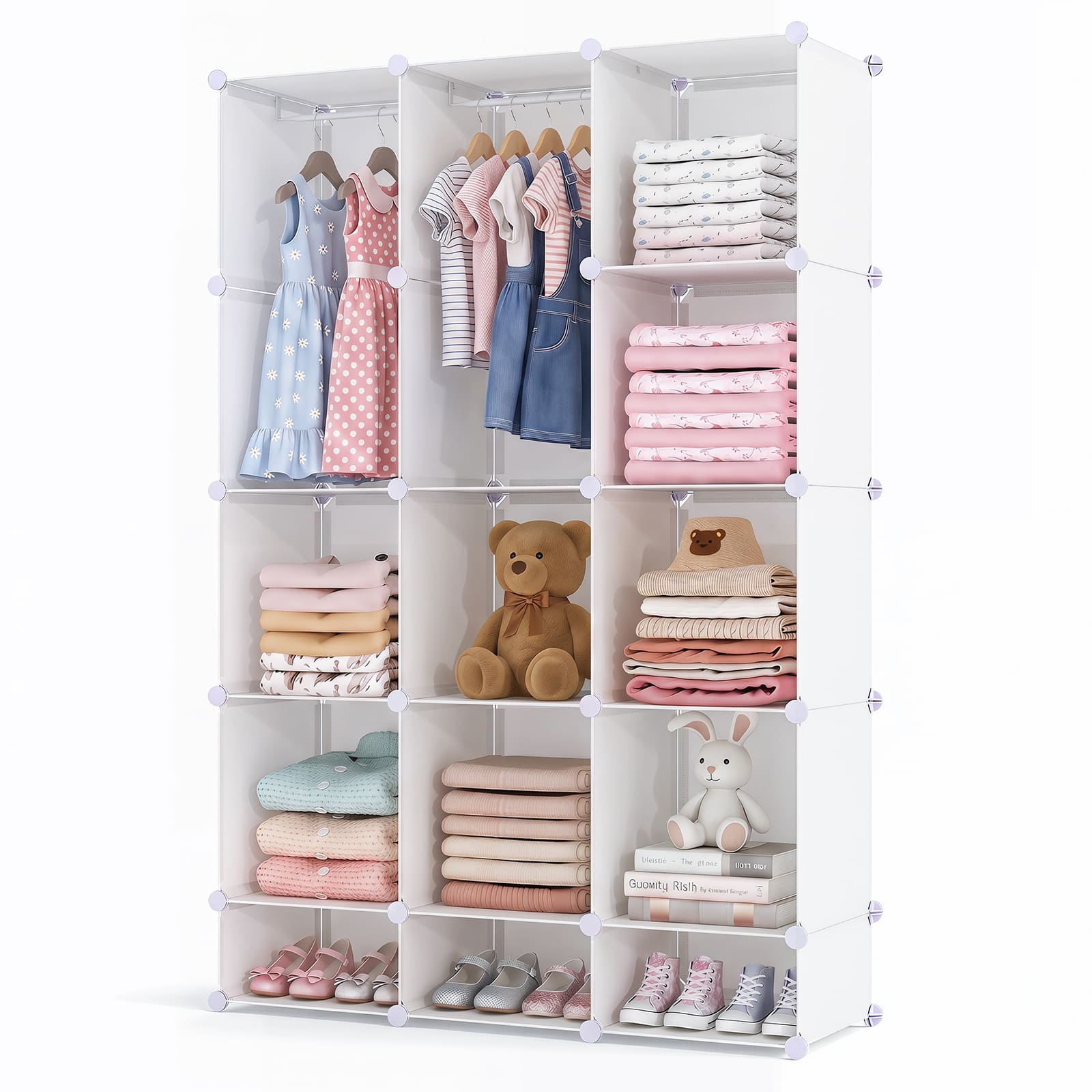 Costway - 13-Cube Modular Baby Wardrobe Closet with Hanging Rods & Open Shelves for Clothes - White