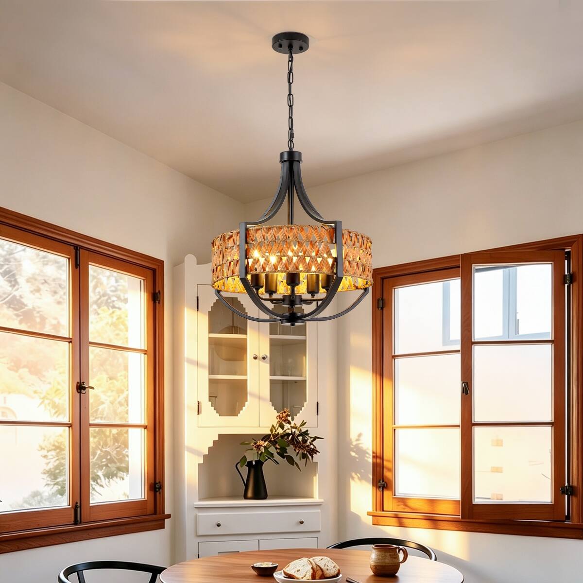 Angle. Loheer - Loheer 19.7 inch Rattan Chandelier, Five Light Boho Pendant with Natural Reed Shade and Black Iron Frame.