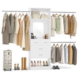 Aheaplus - Adjustable 8FT Walk-in Closet Organizer Starter Kit - 96”W, 25” Tower, 3 Rods, 4 Drawers & Mirror - White