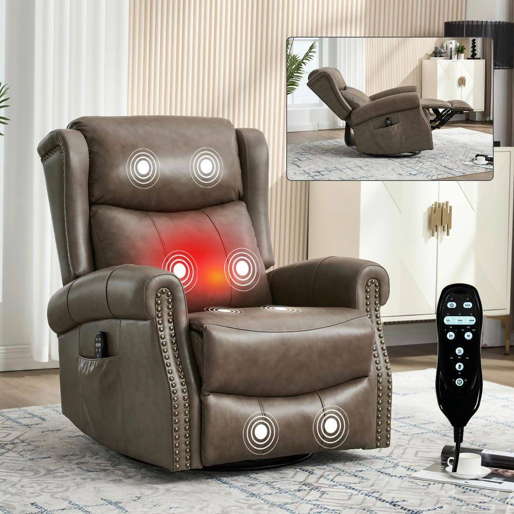 Alt View 2. Kadyn - Manual Heat Massage Recliner Chair, 8 Vibration Modes, Rocker Swivel, Genuine Leather, Brown+Gray - Gray.