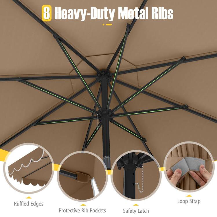 8 Heavy-Duty Metal Ribs  
Ruffled Edges  
Protective Rib Pockets  
Safety Latch  
Loop Strap