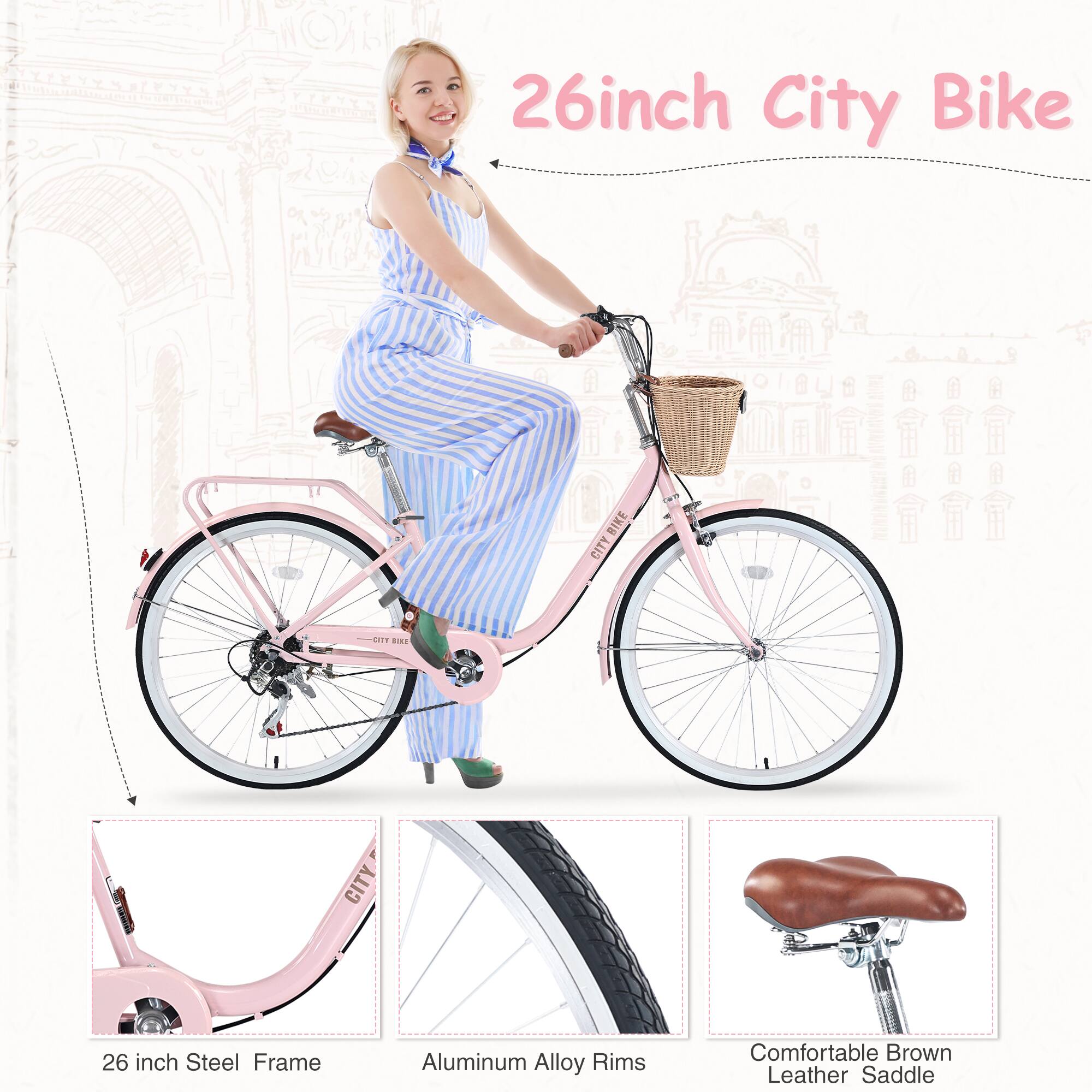 26 inch City Bike

- 26 inch Steel Frame
- Aluminum Alloy Rims
- Comfortable Brown Leather Saddle