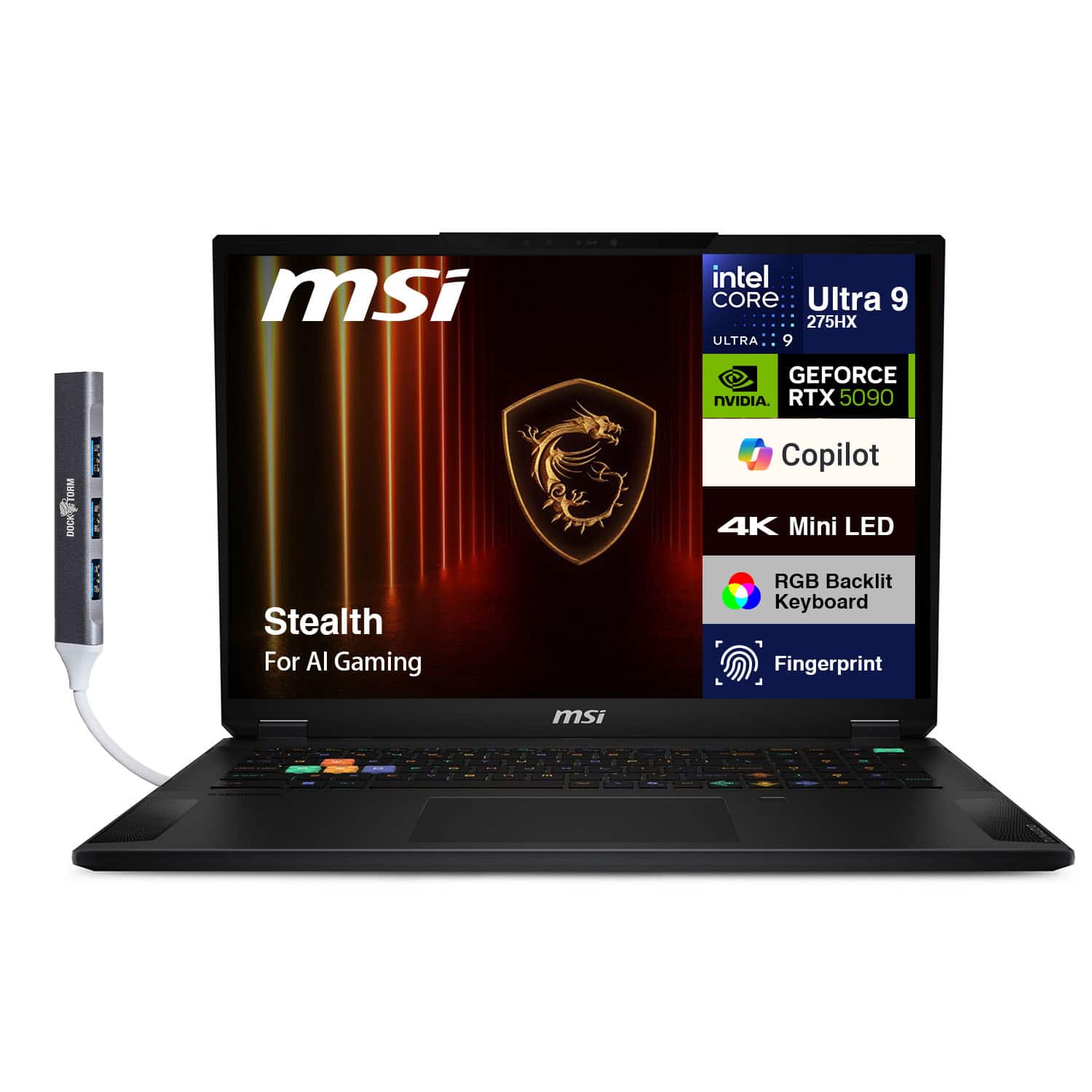 MSI - Stealth Laptop 18 4K (Intel Ultra 9- 275HX, 64GB DDR5, 2TB SSD, NVIDIA GeForce RTX 5090, Win 11 Pro) w/USB Hub - Midnight Black