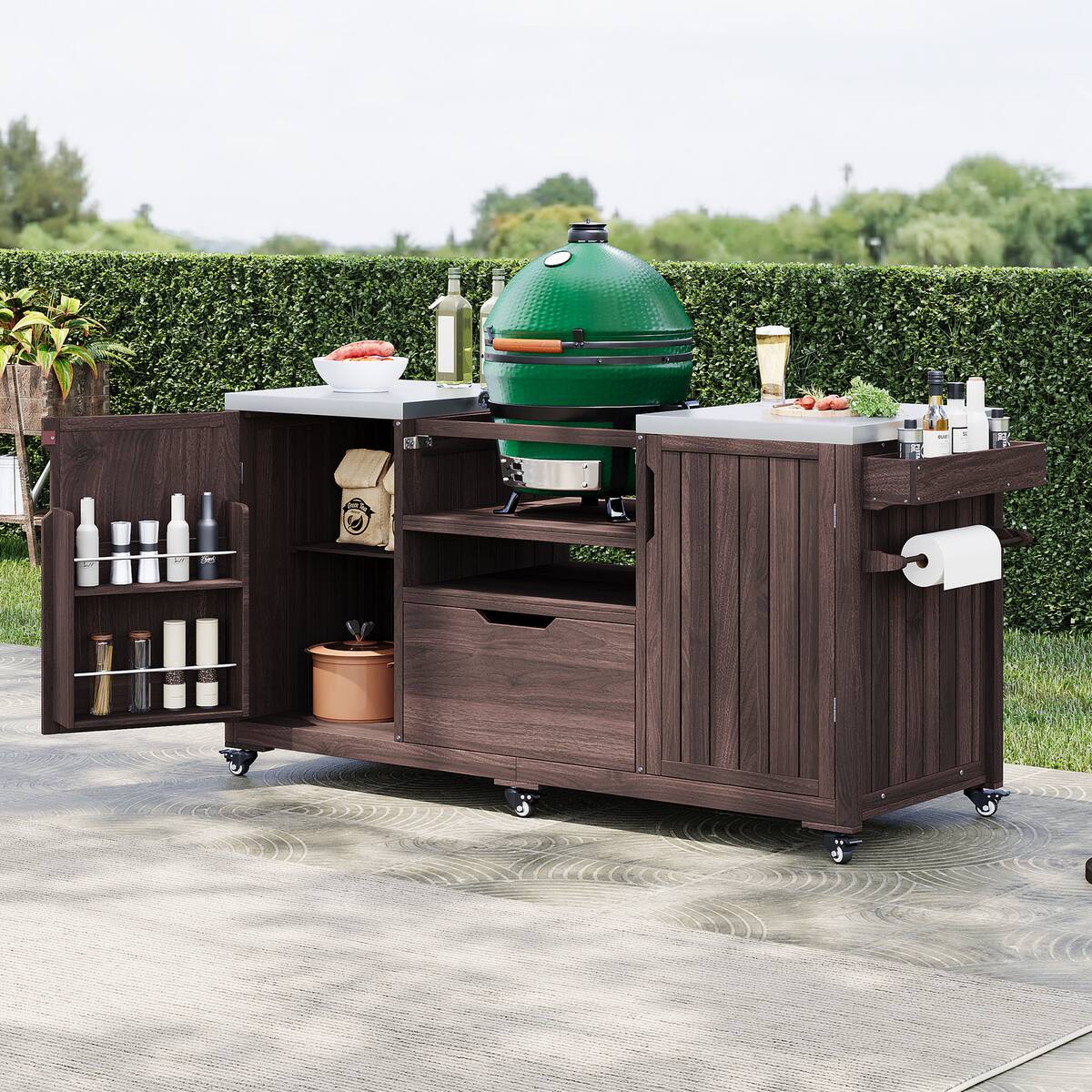 Back. Spaco - Spaco 67" Outdoor Kitchen Island Cart for Big Green Egg Grills, Teak Stainless Top, Drawer Storage, for Kitchen, Outdoor - Brown.