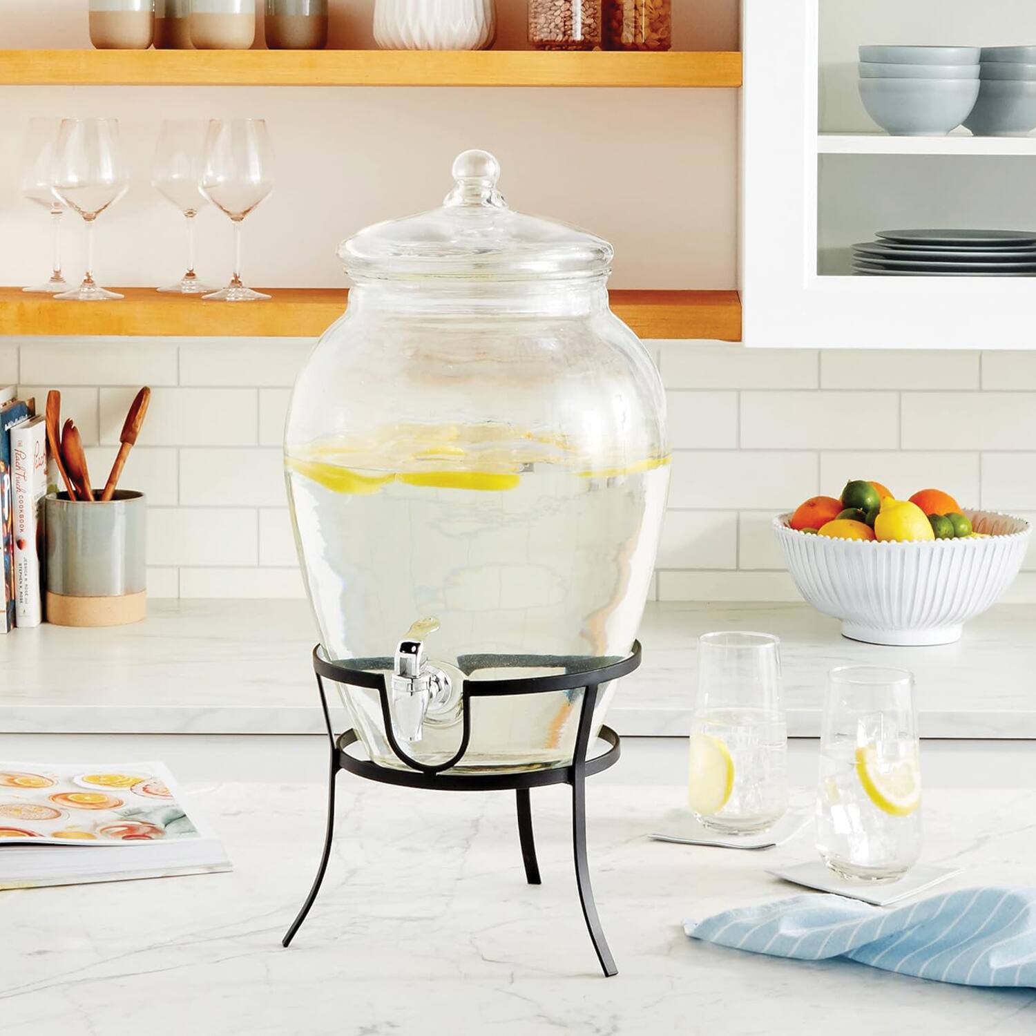 Left. Style Setter - Beverage Dispenser with Metal Rack & Glass Lid 2.7 GAL - Clear.