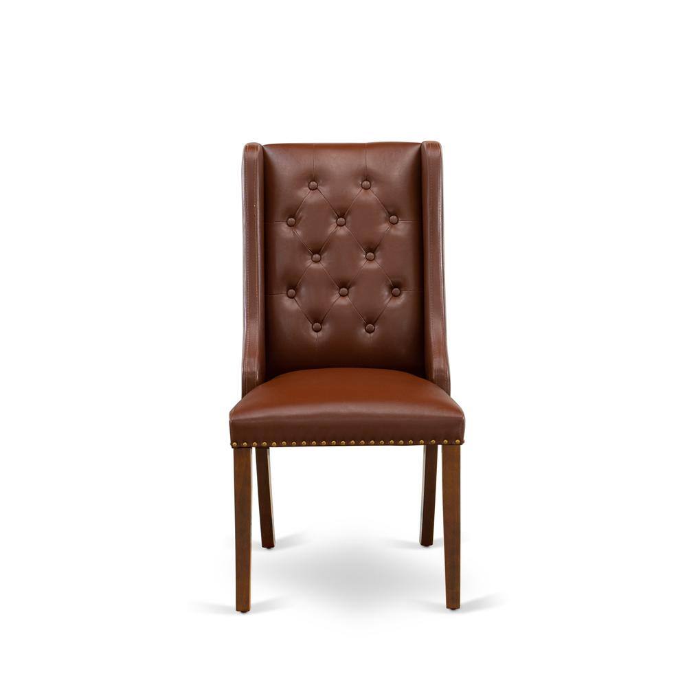 Alt View 1. East West Furniture - Brown Linen Fabric Upholstered Dining Chairs and Button Tufted Back with Mahogany Rubber Wood Legs - Set of 2 - Brown.