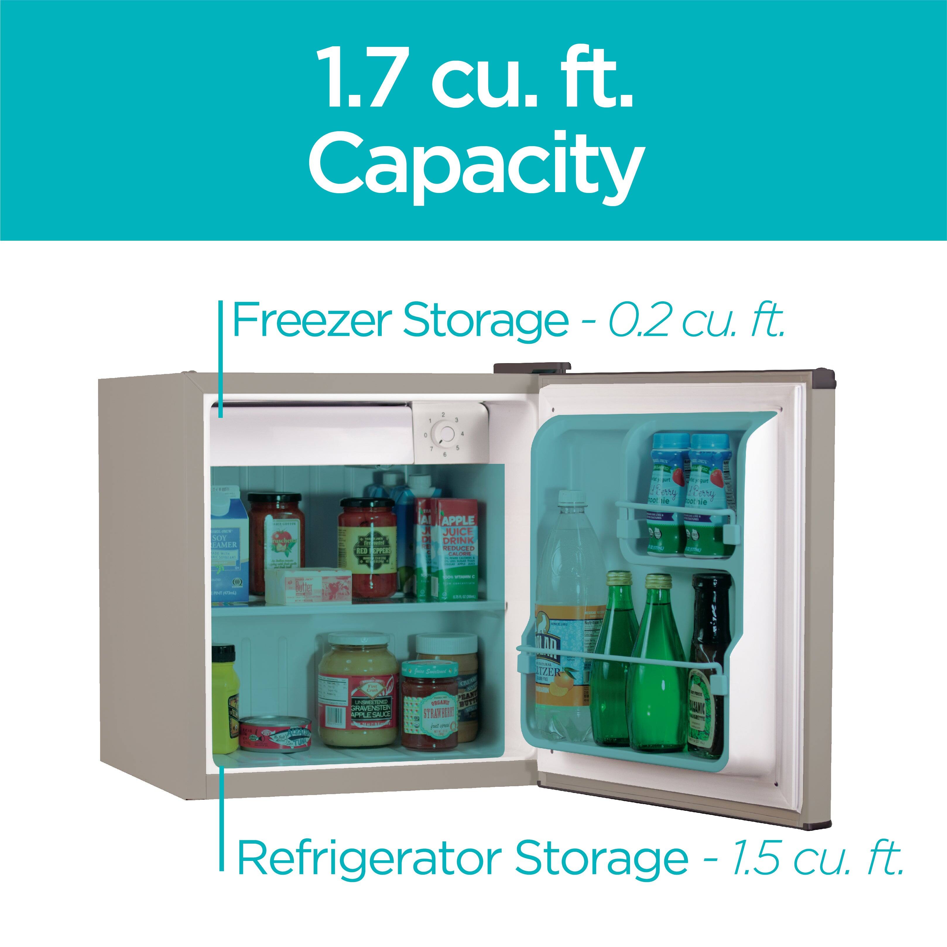 1.7 cu. ft. Capacity
Freezer Storage - 0.2 cu. ft.
Refrigerator Storage - 1.5 cu. ft.