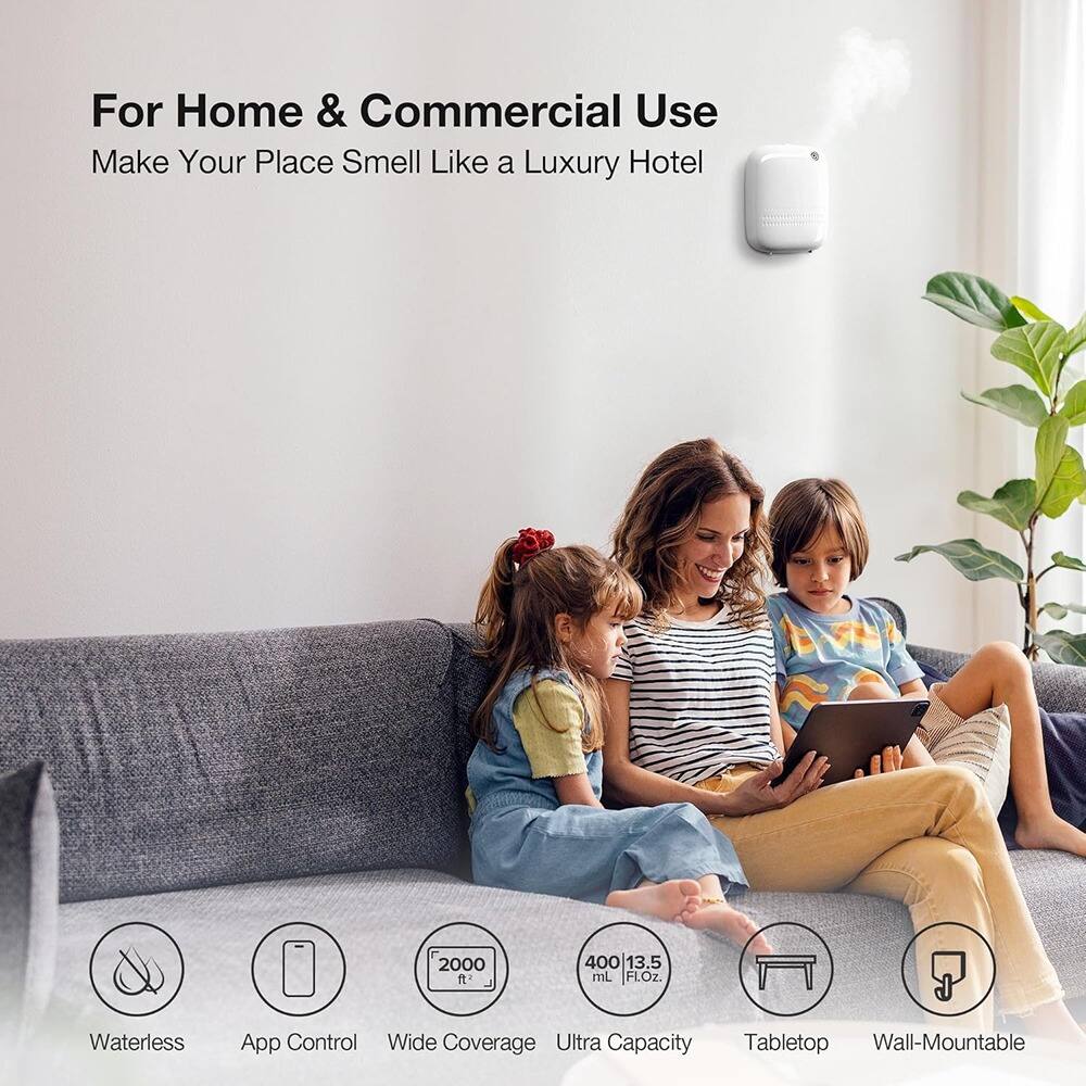 For Home & Commercial Use  
Make Your Place Smell Like a Luxury Hotel  

- Waterless  
- App Control  
- Wide Coverage  
- Ultra Capacity (400 mL / 13.5 FL.OZ.)  
- Tabletop  
- Wall-Mountable