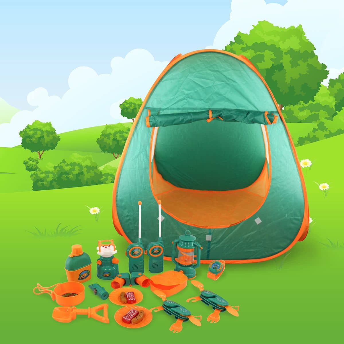 PicassoTiles - PICASSO-TILES Kids Camping Adventure Gear Set, 20PCS Includes Walkie Talkie, Tent, Binoculars & Outdoor Tools Toy