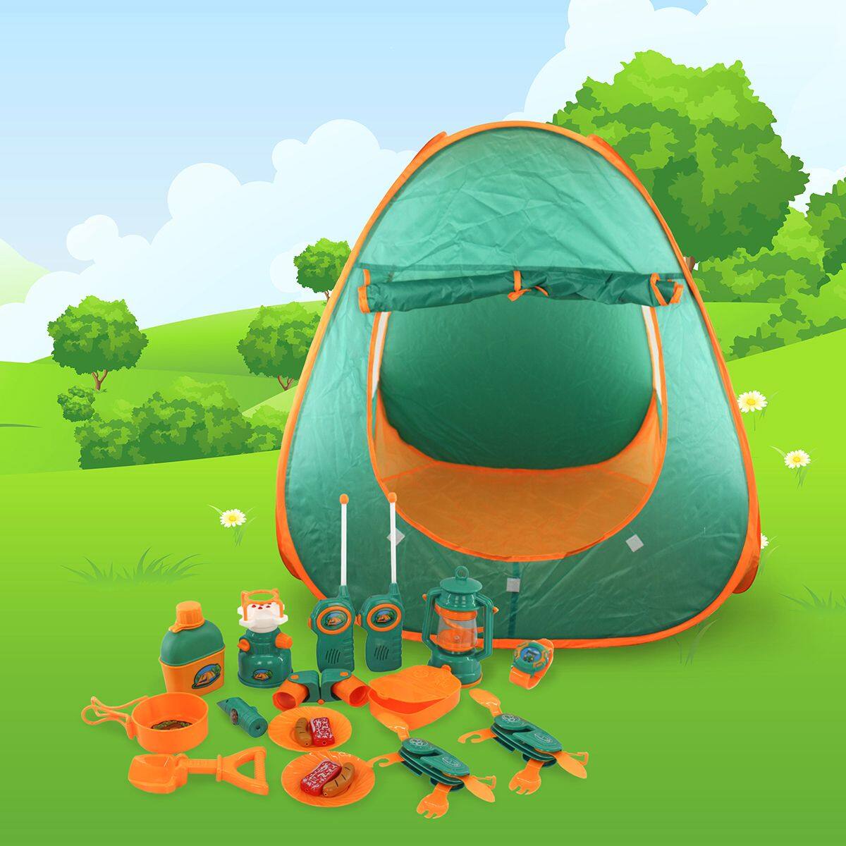 Front. PicassoTiles - PICASSO-TILES Kids Camping Adventure Gear Set, 20PCS Includes Walkie Talkie, Tent, Binoculars & Outdoor Tools Toy.