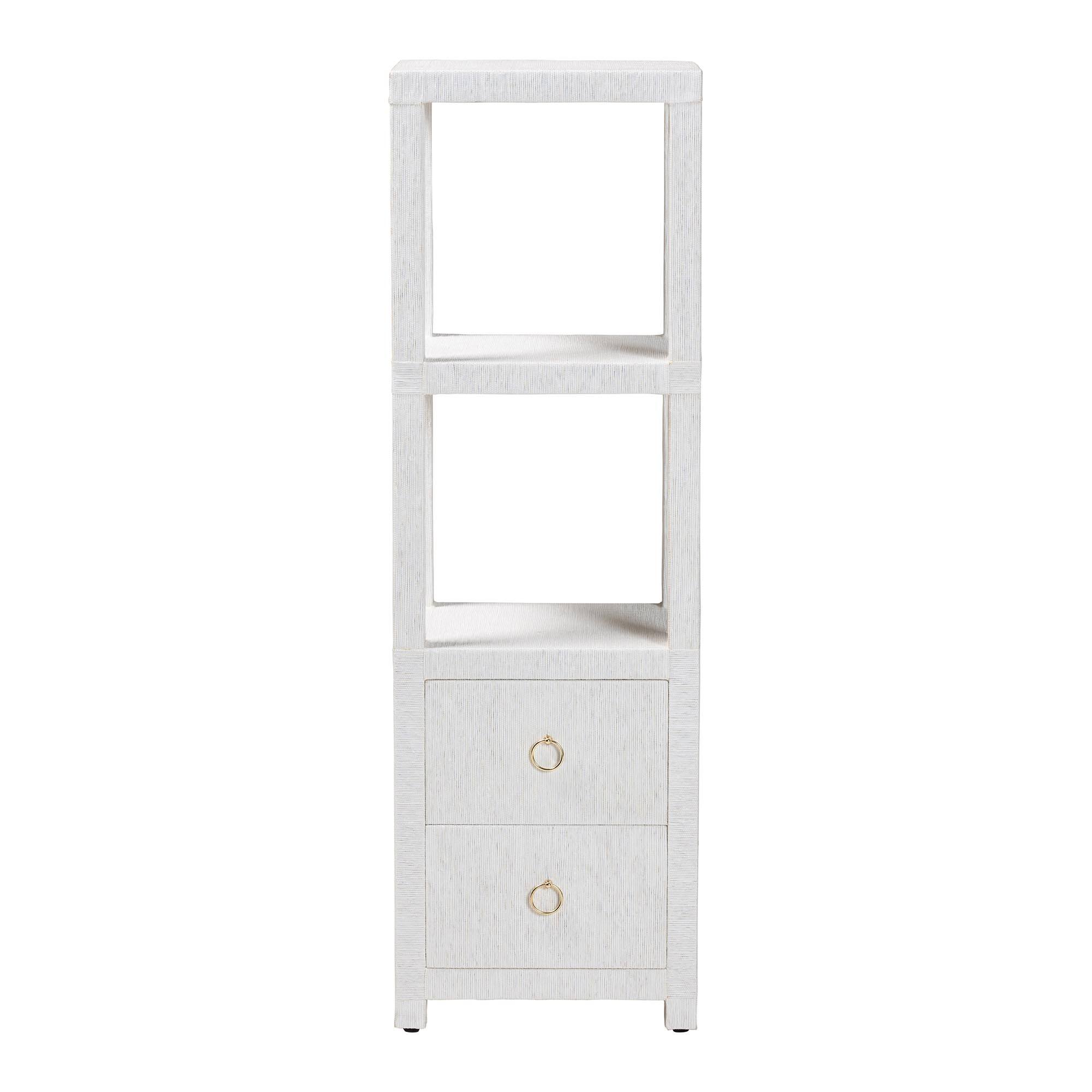 Left. bali & pari - Xavier Grasscloth Tall Storage Cabinet - Woven Accent Displaying Tower Bookcase with Open Shelves and Drawers - White/Gold.