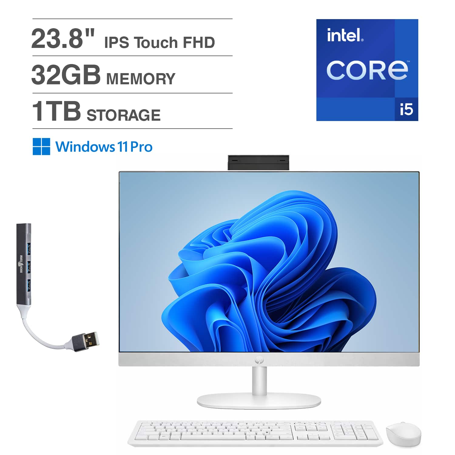 HP - 24 All-in-One 23.8 FHD Display (i5-1334U, 32GB, 1TB SSD, Intel UHD, WiFi 6, Webcam, Win 11 Pro) w/USB Hub - Shell White